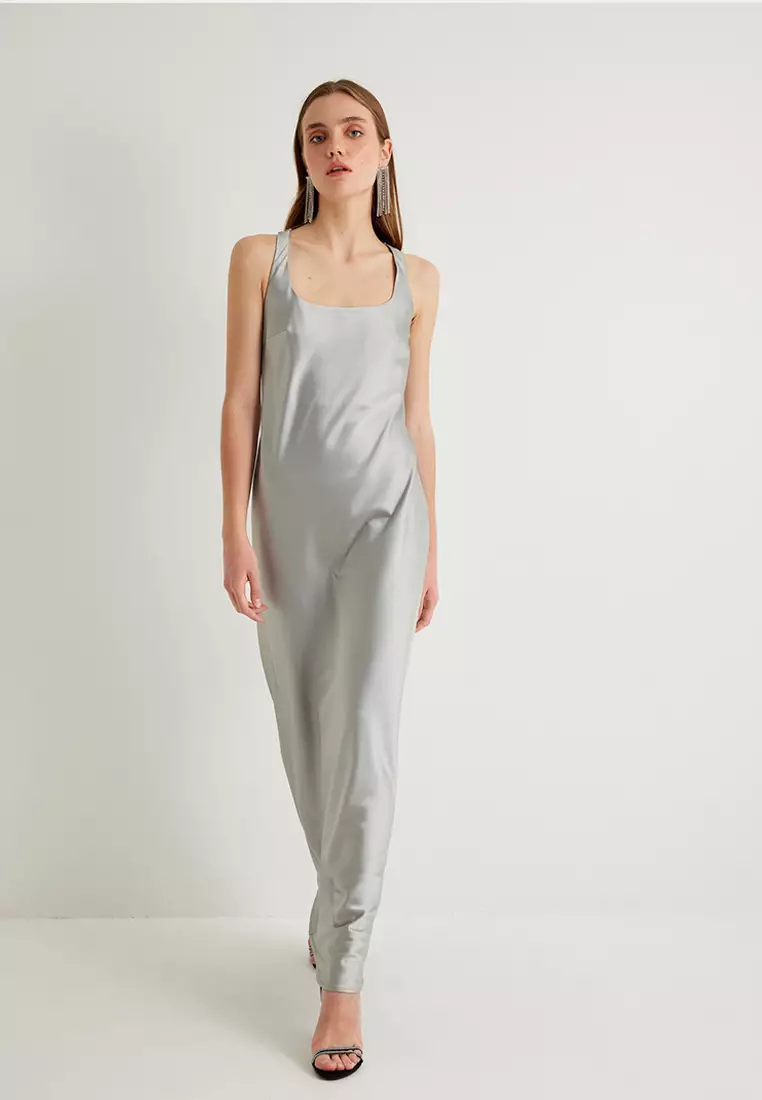 Long Satin Halter Neck Sleeveless Dress