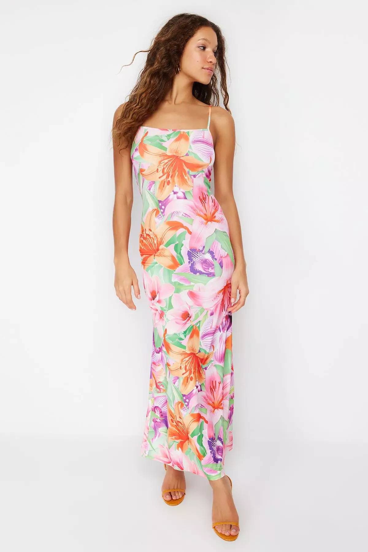 Multicolored Floral Bodycone/Fit Strap Maxi Stretchy Knitted Maxi Pencil Dress TWOSS23EL02435