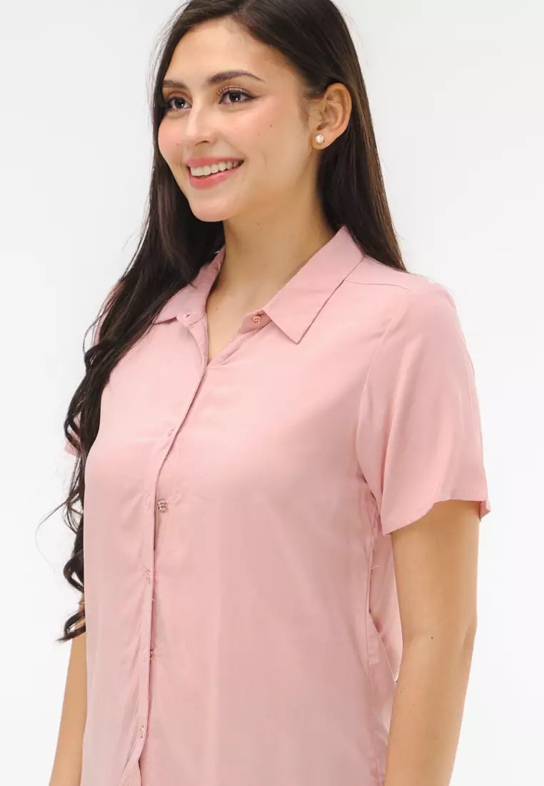 Woven Plain Rayon Short Sleeves Blouse