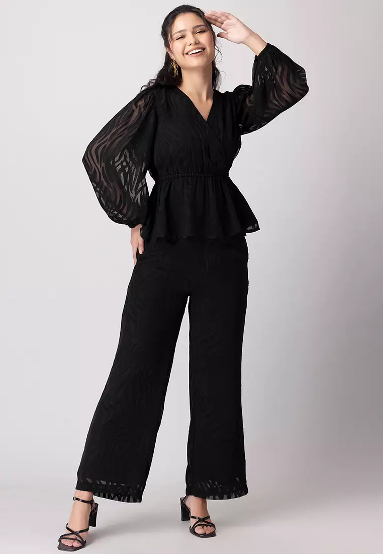 Black Peplum Wrap Top And Trousers Co-ord Set