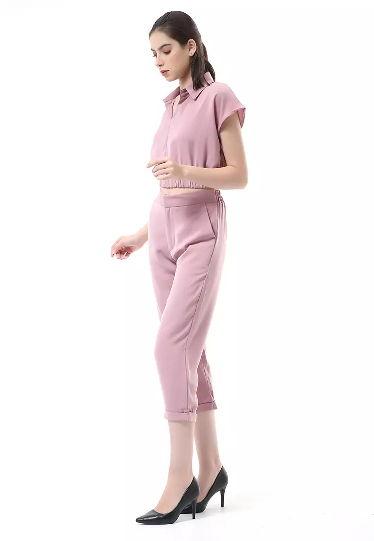 Nayra One Set Setelan Atasan Crop Karet Lengan Pendek Basic Pants Wanita Material Dolce ORIGINAL - Dusty Pink