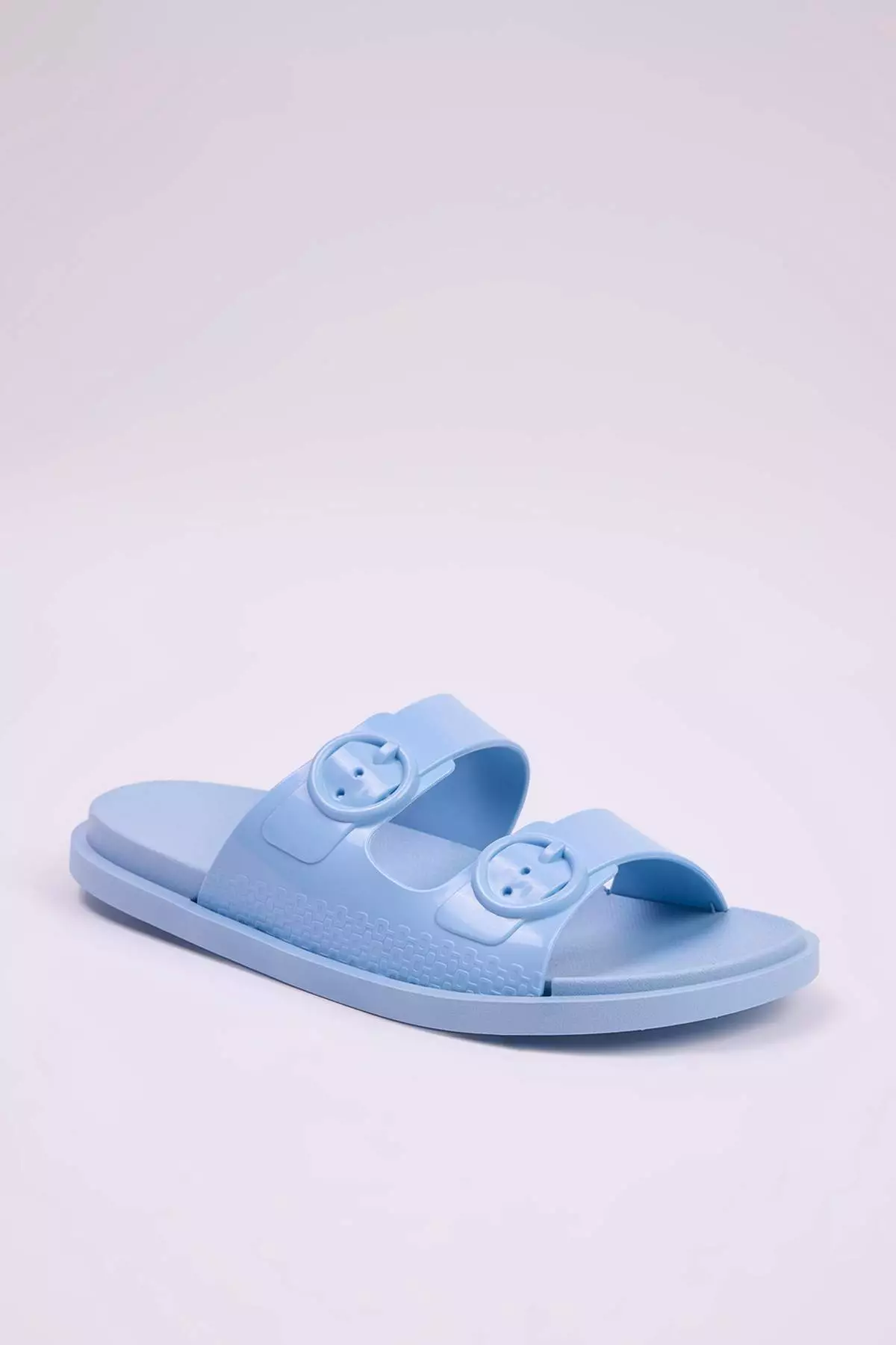 Baby Blue Double Striped Buckle Detailed Women's Slippers Takss25Te00060