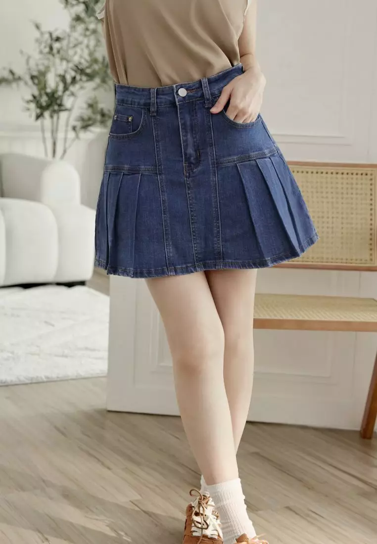Denim Pleated Mini Skirt [CA3128]