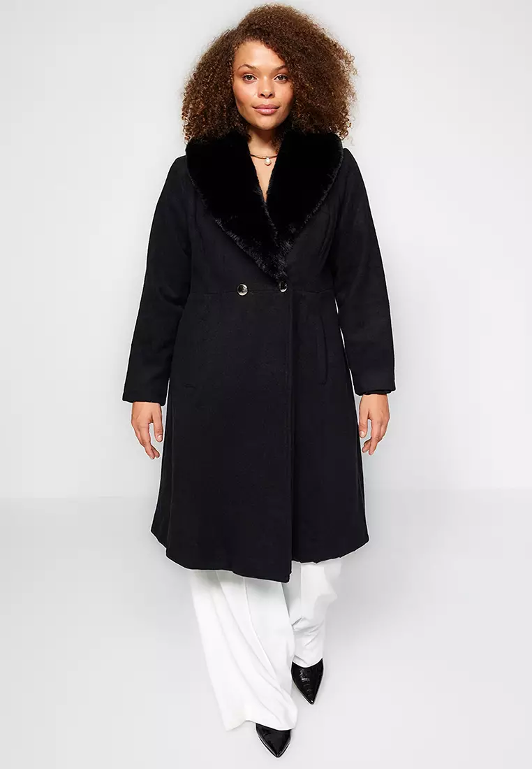 Buy Trendyol Plus Size Fur Collar Coat Online ZALORA Malaysia
