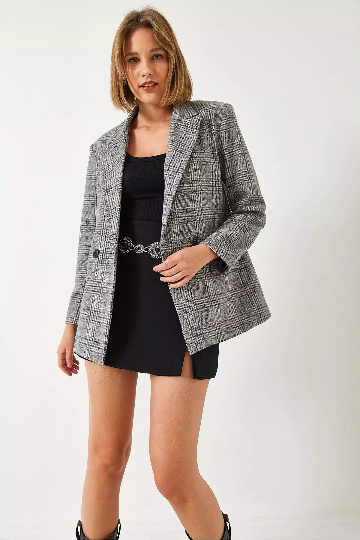 Women's Plaid Patterned Cashmere Oversize Jacket 5046 60261079