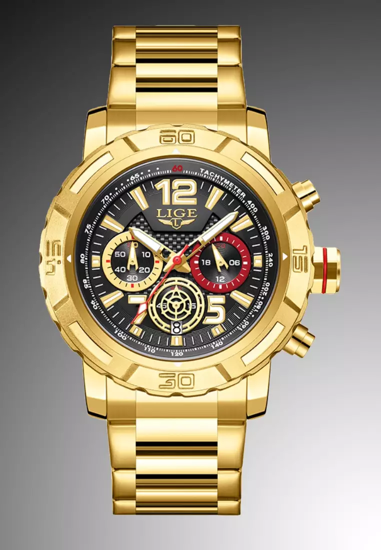 Chronograph Unisex IP Gold Stainless Steel Quartz Watch, IP Black Bezel, Metal Bracelet