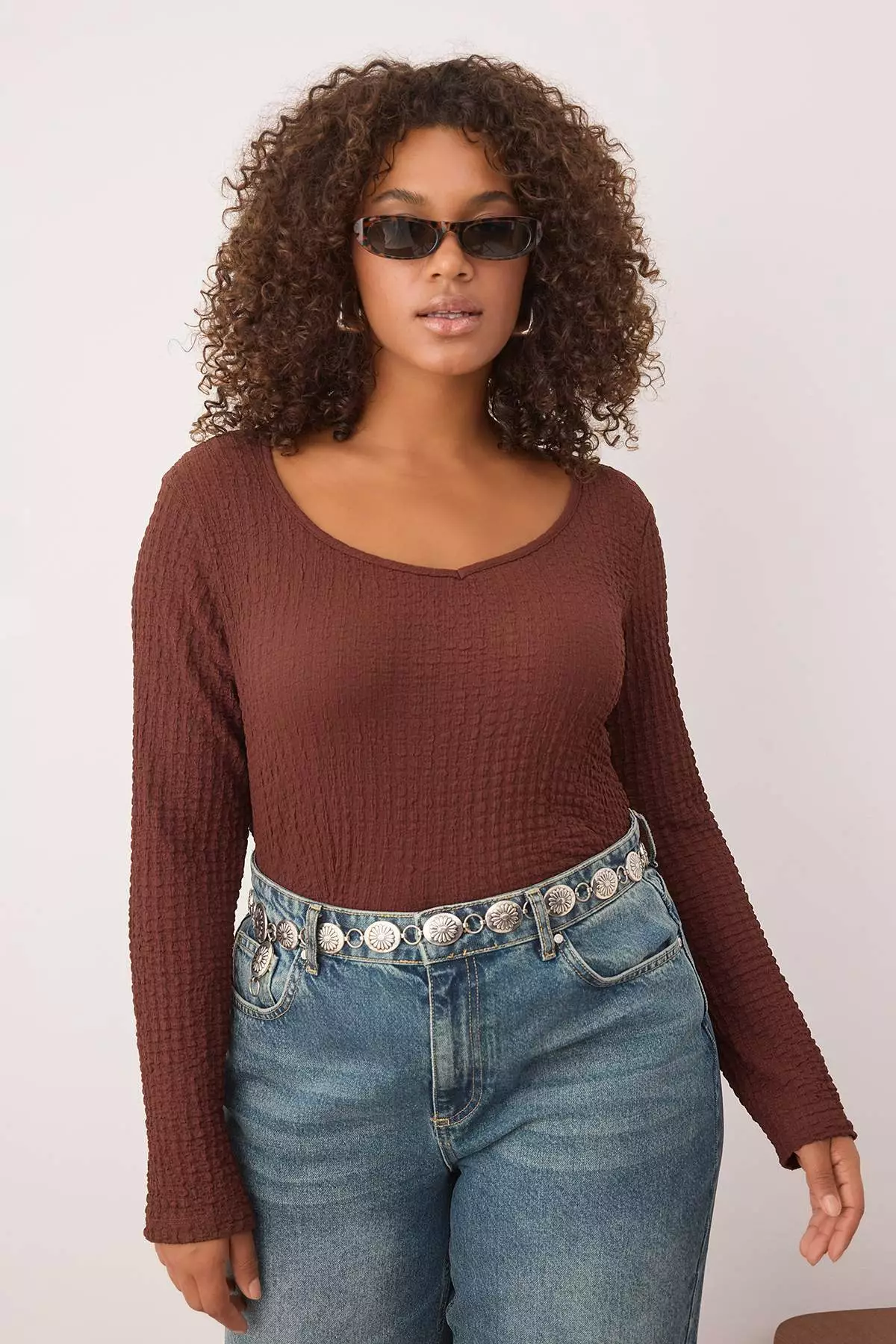 Brown Seersucker Textured Fabric Knitted Plus Size Blouse Tbbaw26Af00034