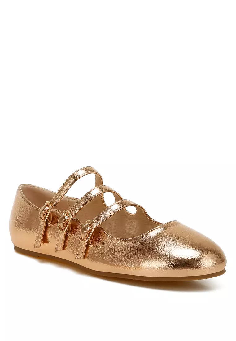 Triple Strap Mary Jane Sandals in Rose Gold