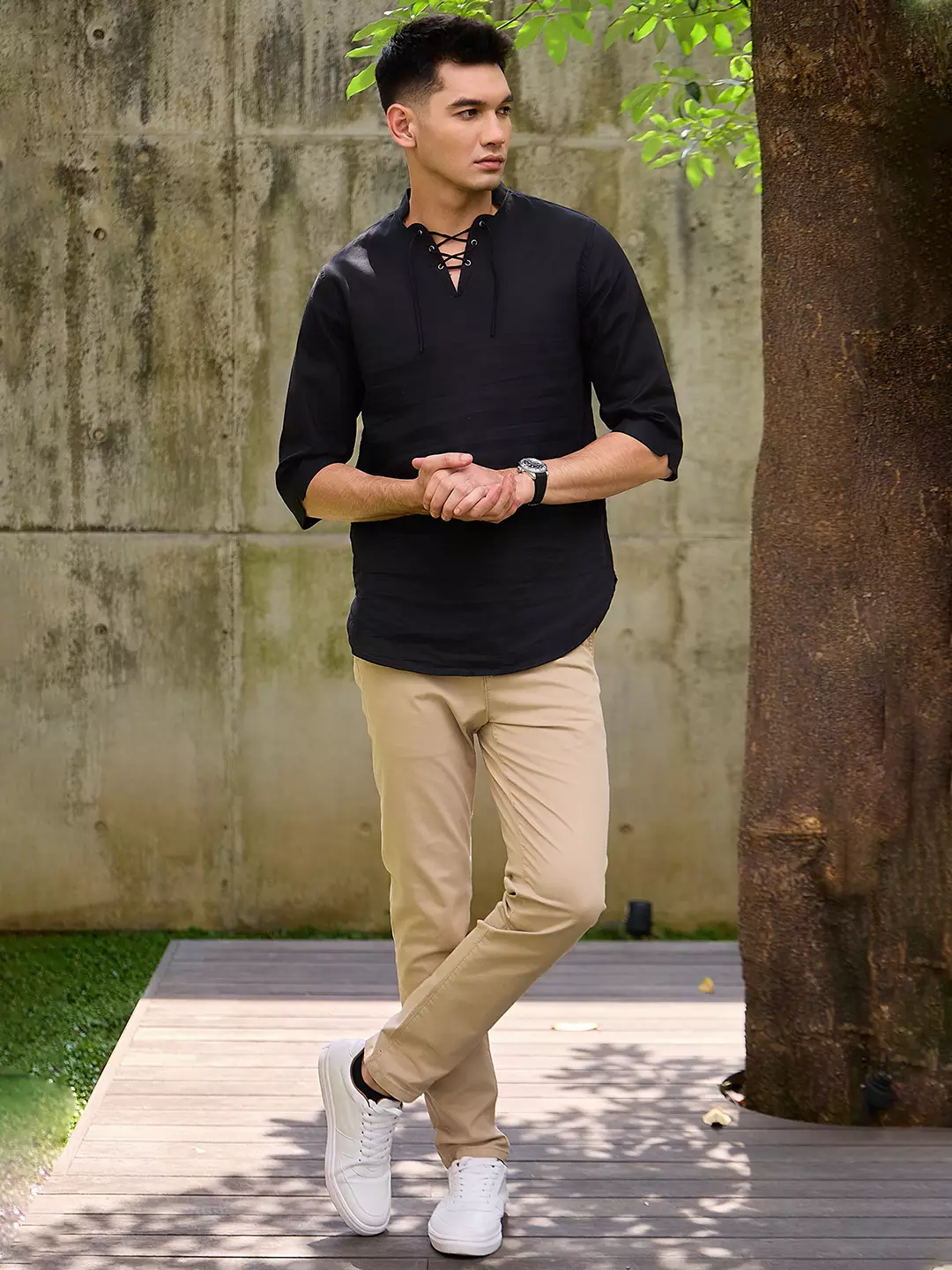 OXCON ZUHUD Kemeja koko Modern Linen Look Collarless Shirt Black