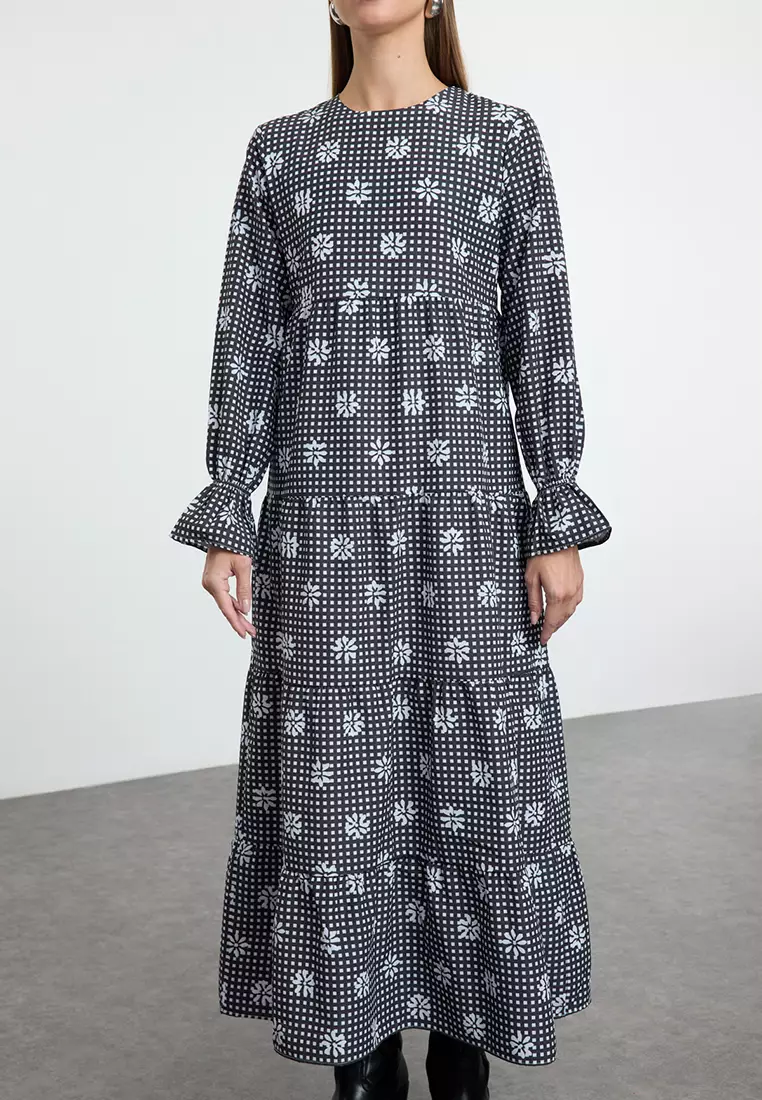 Gingham Floral Printed Sleeve Elastic Detailed Dress