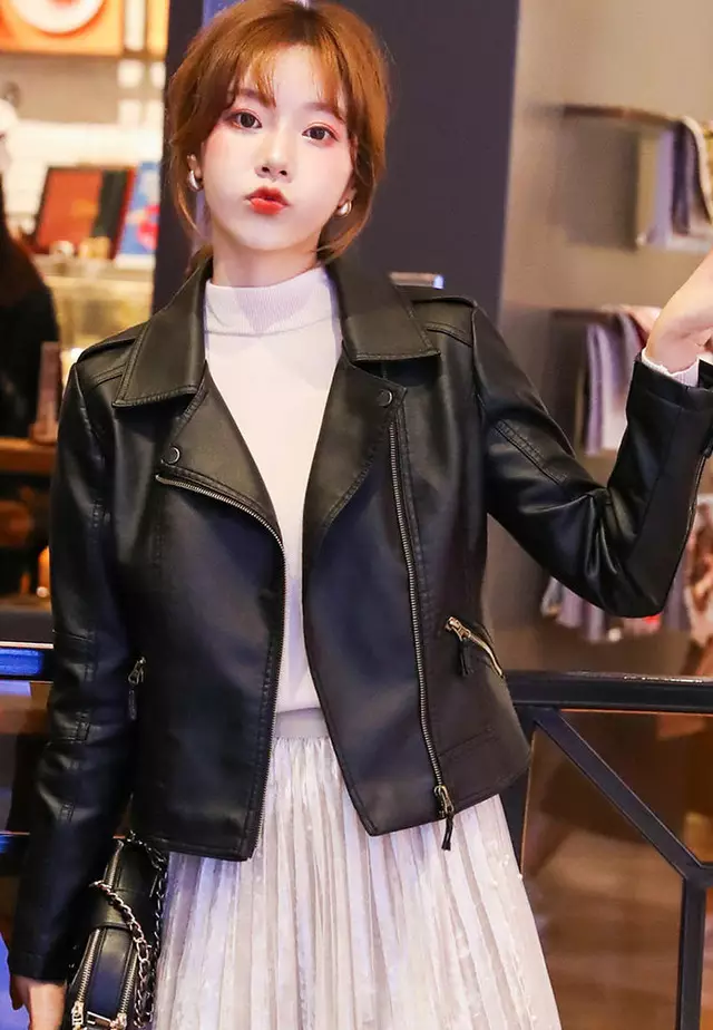 Black Notched Collar PU Jacket A120209