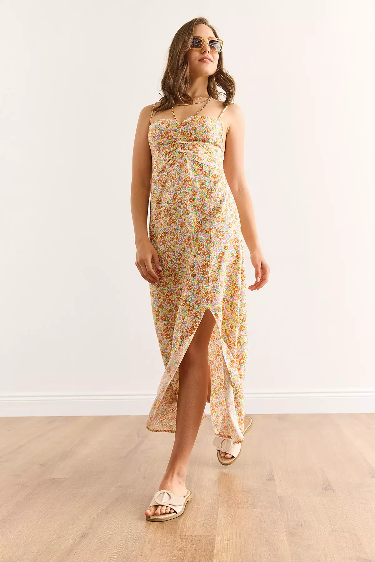 Women's Yellow Orange Strap Adjustable Front Gathered Woven Viscose Dress Elb-19002438