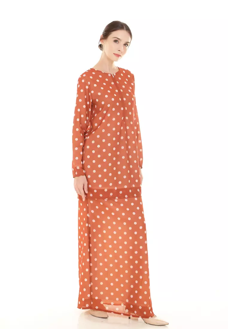 Rina Printed Kurung in Brick Orange Polka Dot