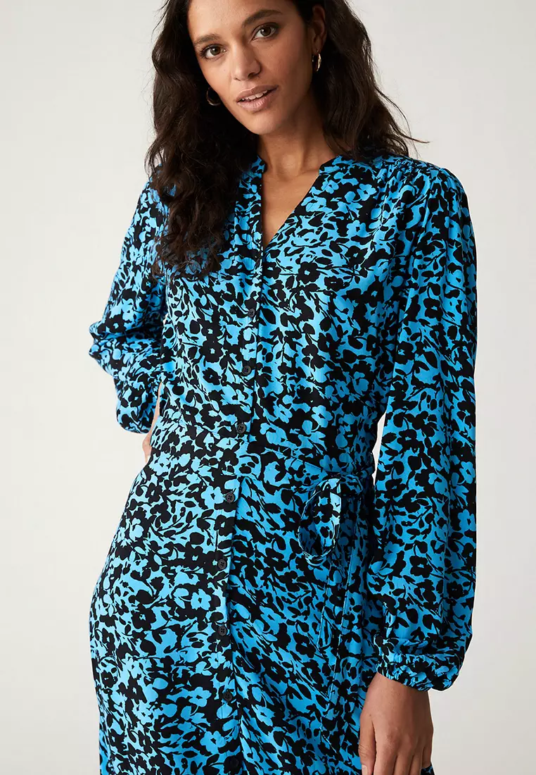 Printed V-Neck Tie Waist Midi Shirt Dress