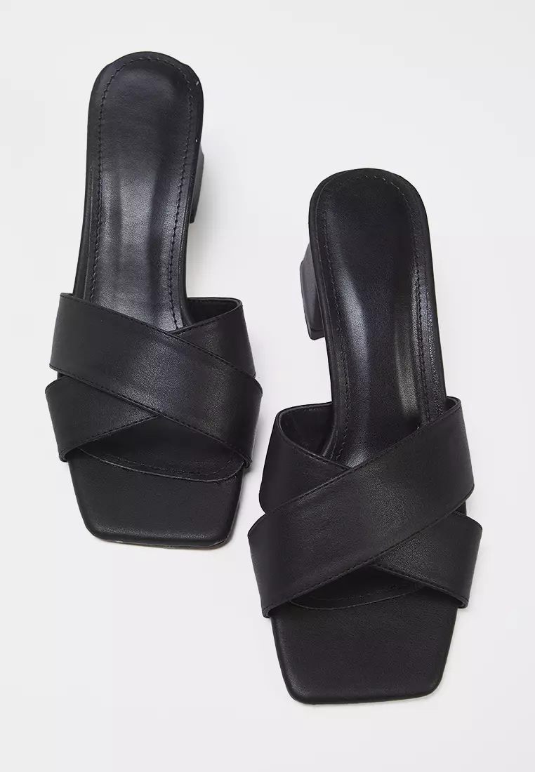 Black Cross Banded Women's Block Heels Slippers Takss25To00101