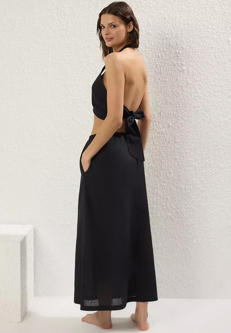 Black Woven Flamed Cotton Beach Blouse Skirt Set TBESS25AU00070