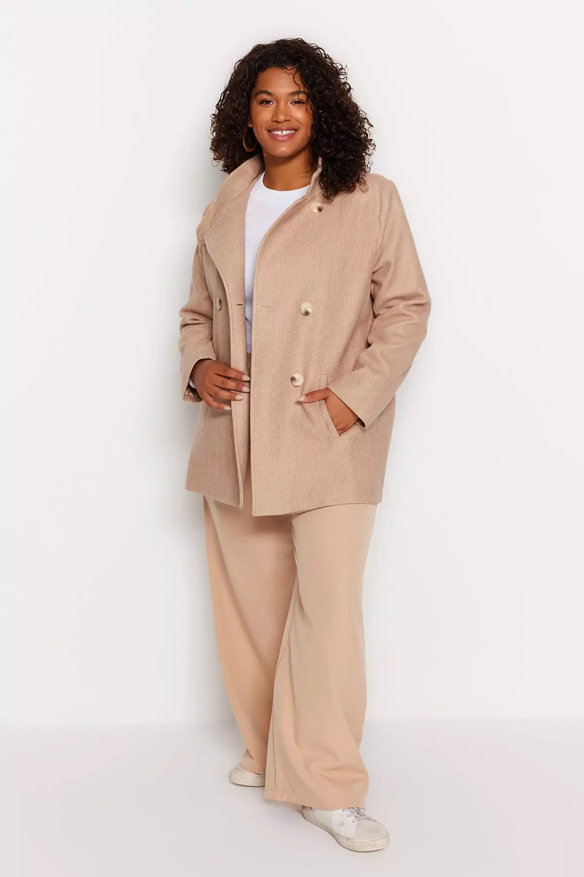 Buy Trendyol Plus Size Stone Double Closed Standing Collar Coat