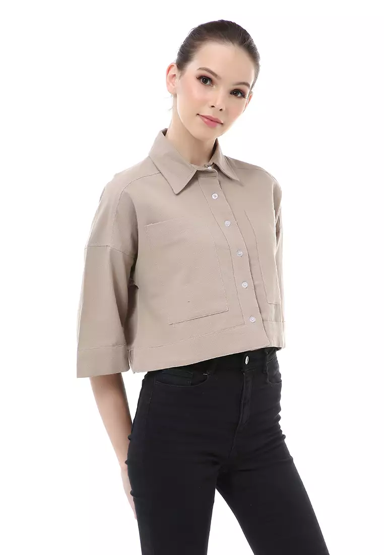 Brielle Atasan Wanita Kemeja Crop Oversize Shirt Lengan Panjang Material Linen ORIGINAL - Coffee