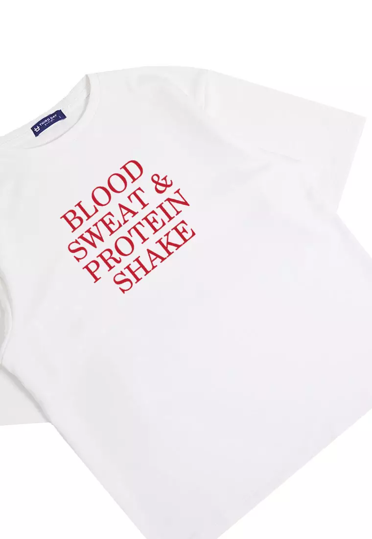 MTQ01 kaos oversize gym bahan scuba distro blood sweat protein shake binaraga cowo putih