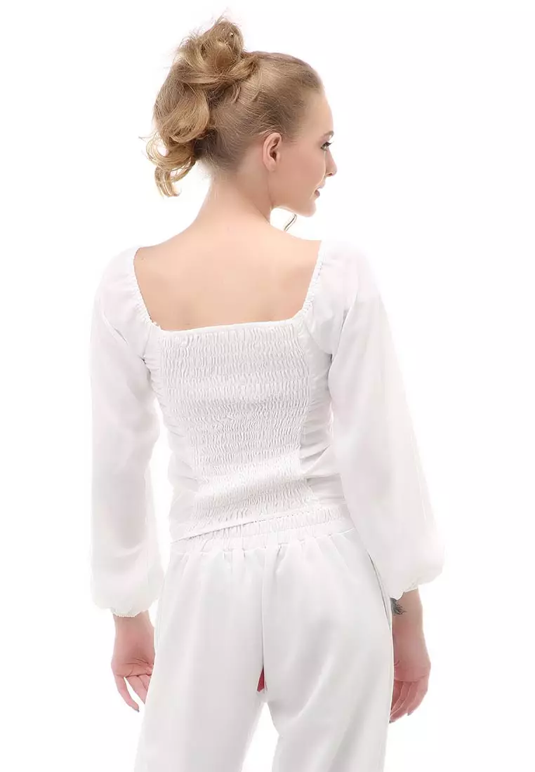 Cheva Blouse Atasan Wanita Sabrina Tali Lengan Panjang Casual Top Long Sleeve Comfortable Material Wolfis ORIGINAL - White