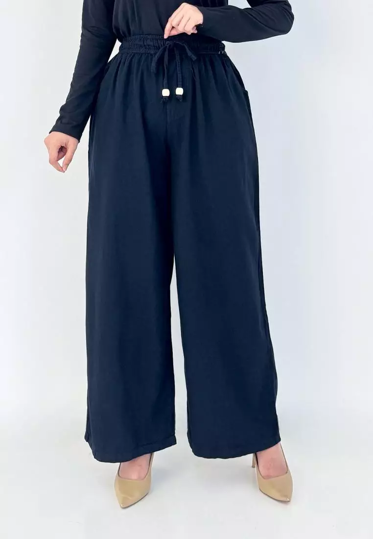 LEZAHRASIGNATURE Palazzo Emily - Celana Panjang Kulot Denim Wanita - Hitam