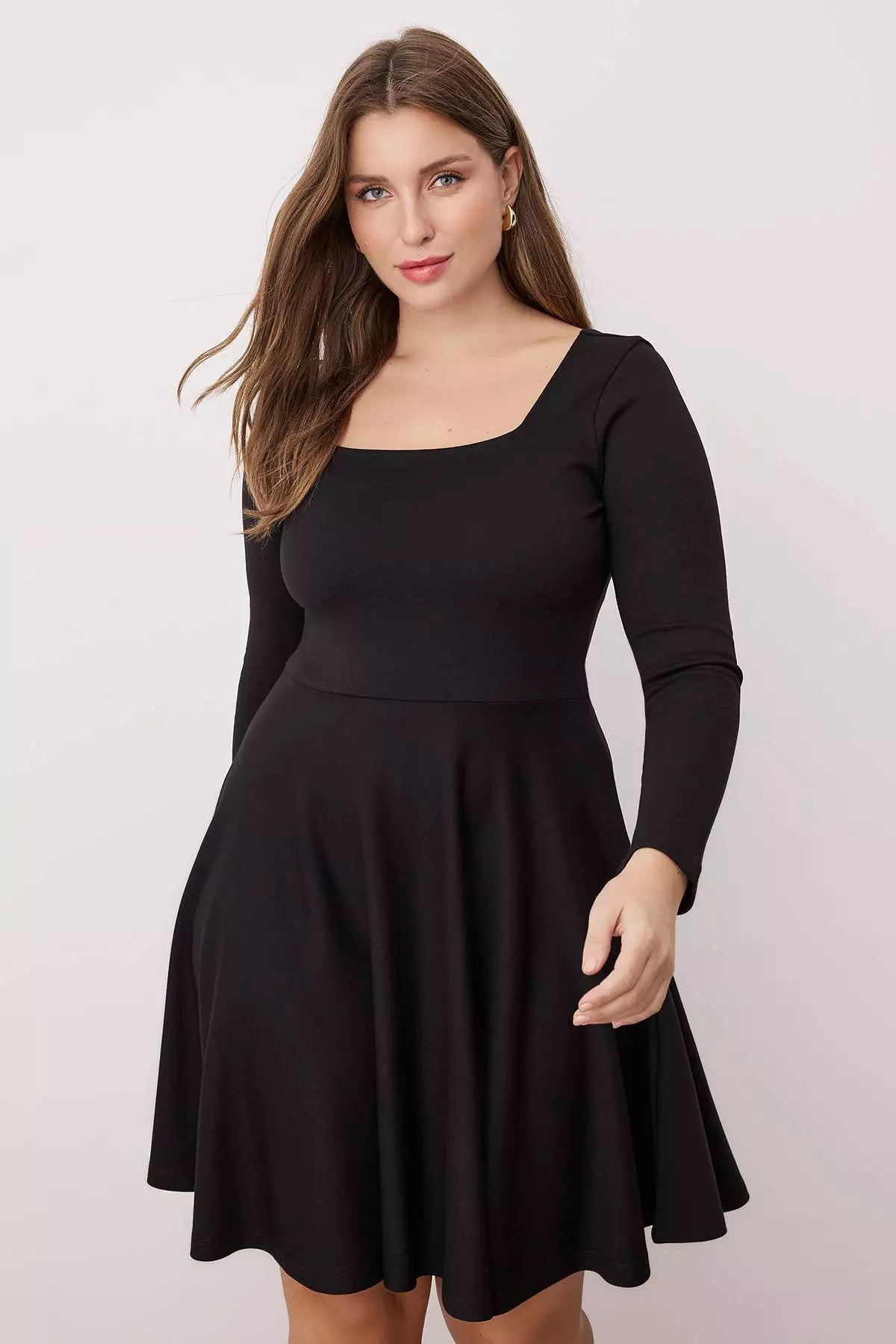Black Square Neck Skater Mini Knitted Plus Size Dress