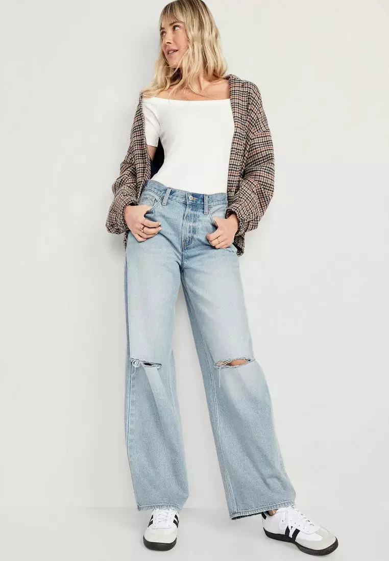 Mid-Rise Baggy Wide-Leg Non-Stretch Ripped Jeans For Women