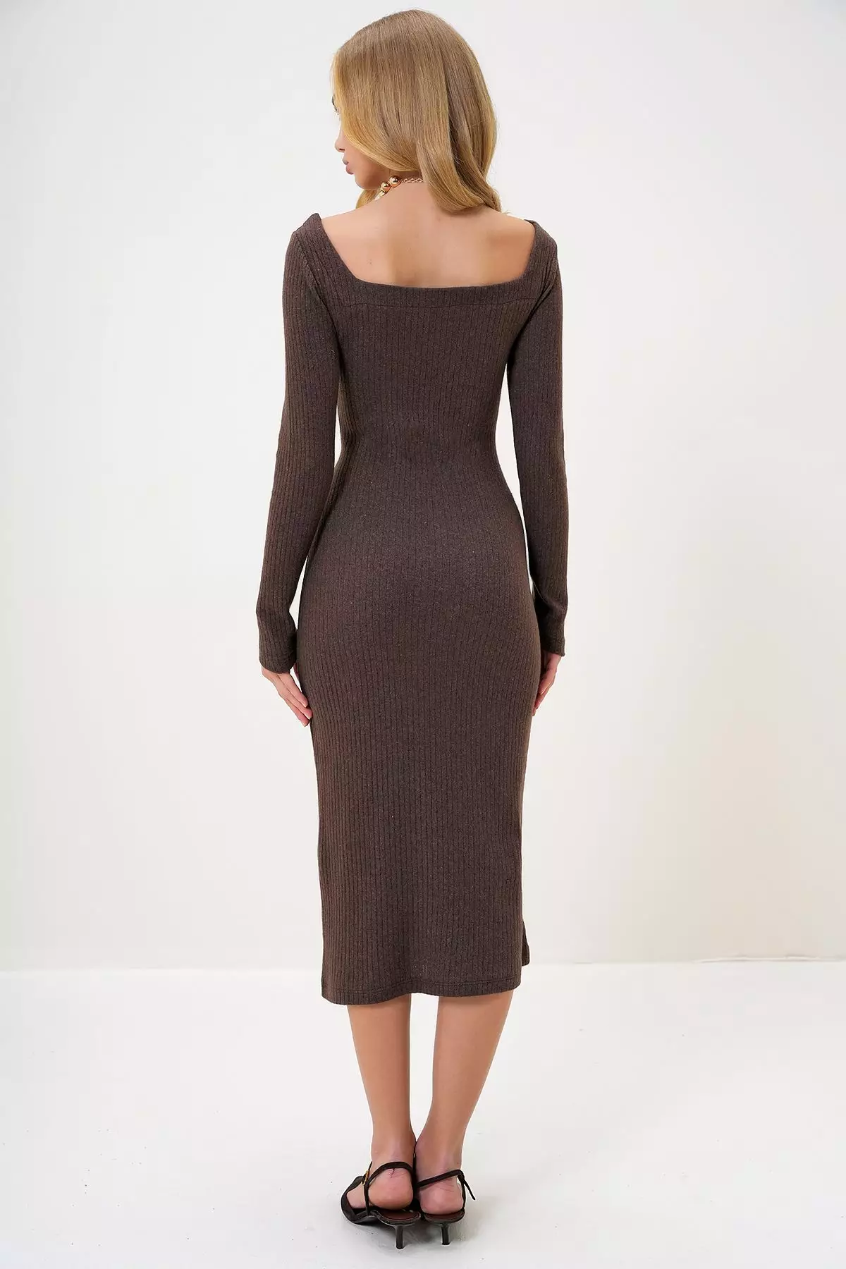 Women's Brown Square Neck Long Sleeve Midi Length Interlock Fabric Dress