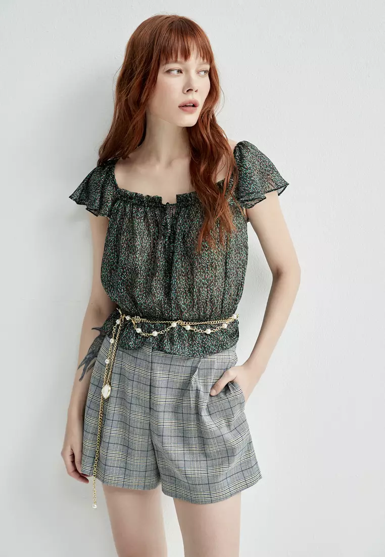 Buy iROO All Over Small Floral Print Ruffle Strap Top 2026 Online ...