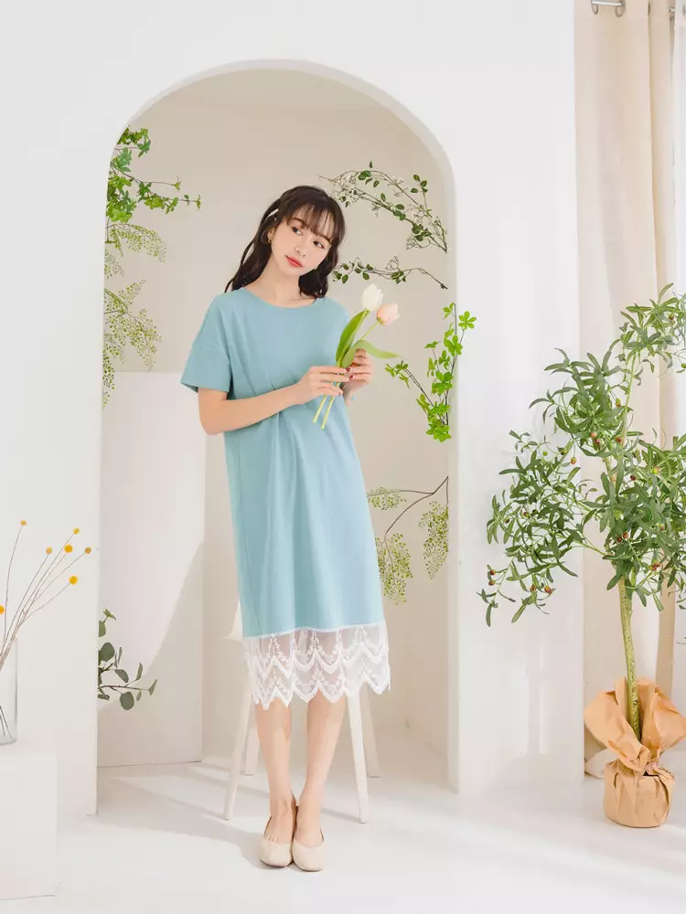 Buy OBSTYLE High Cotton Lace Stitching Slouchy Fit Long Dress