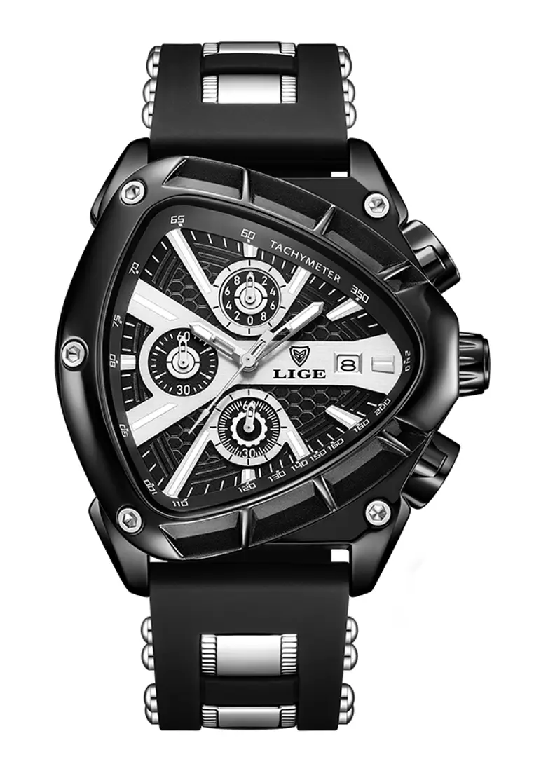 Unisex IP Black Stainless Steel Chronograph Quartz watch, 48mm diameter, with Rubber and Metal Strap