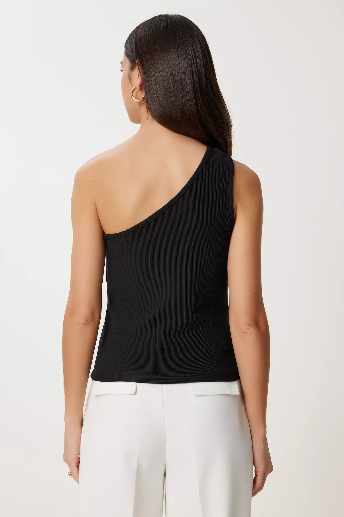 Women's Black One Shoulder Ribbed Knitted Blouse Pb00044