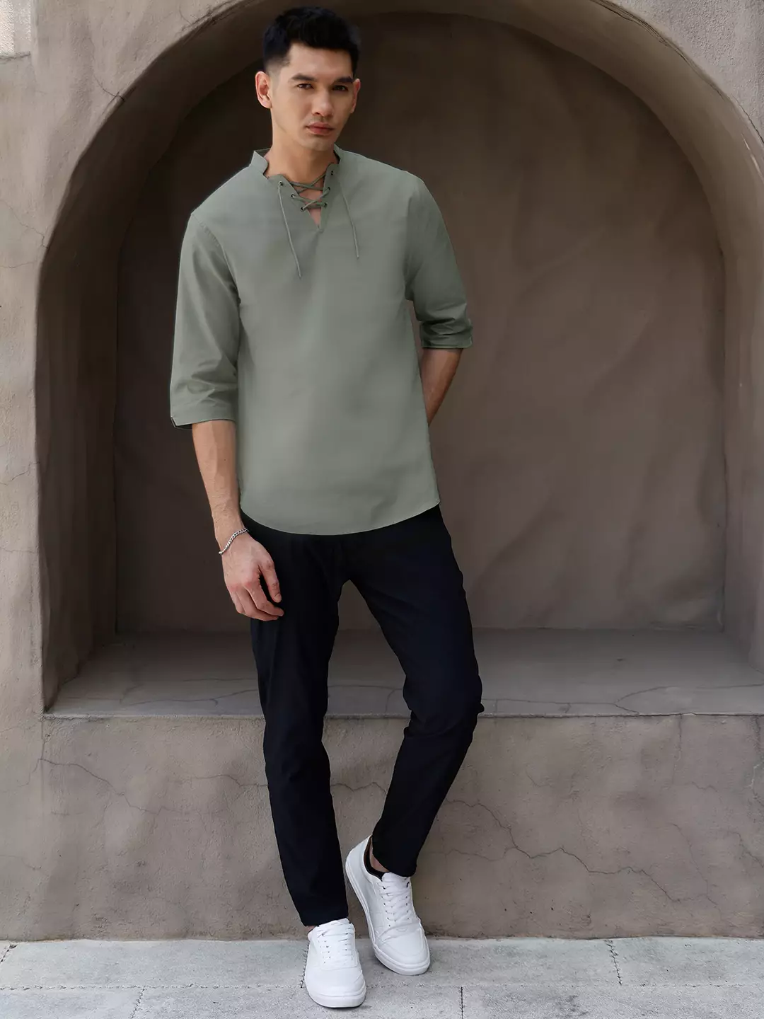 OXCON ZUHUD Kemeja koko Modern Linen Look Collarless Shirt Sage Green