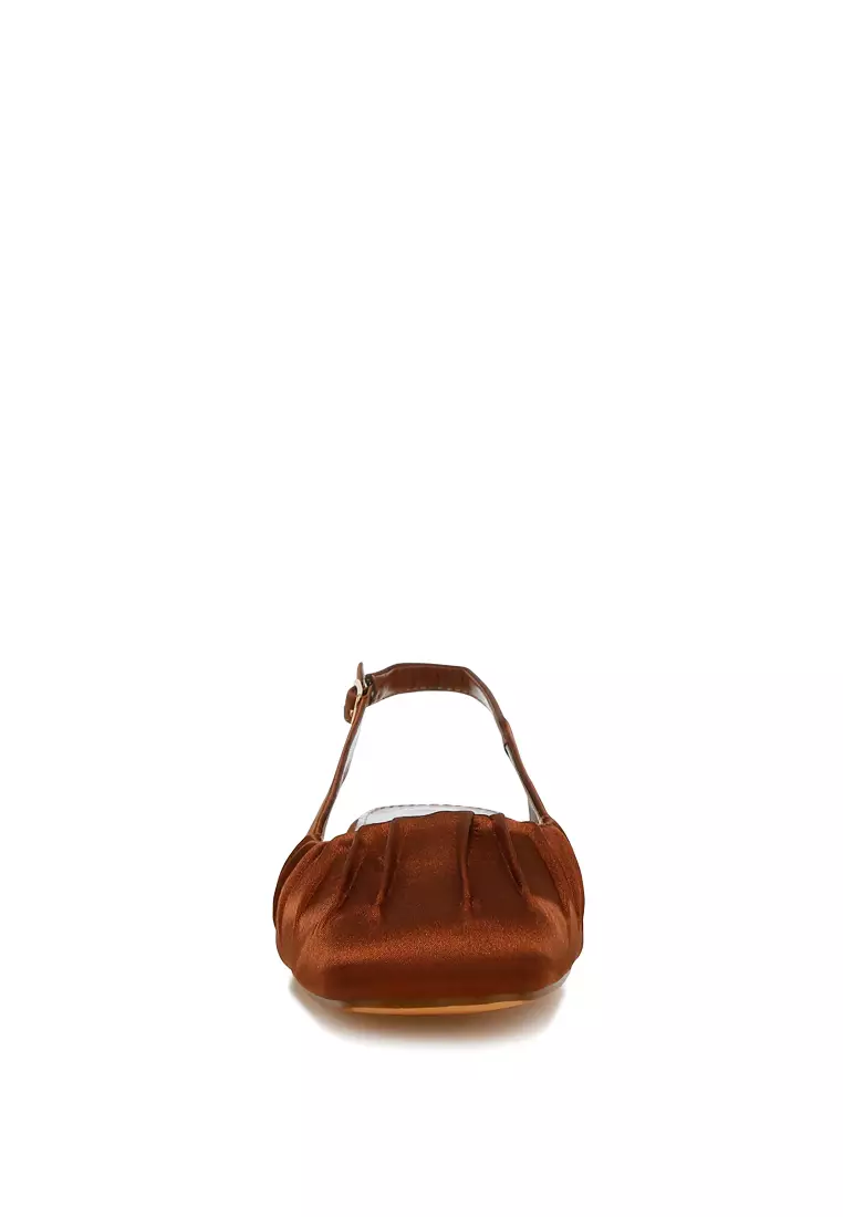Satin Square Toe Flat Slingback in Brown