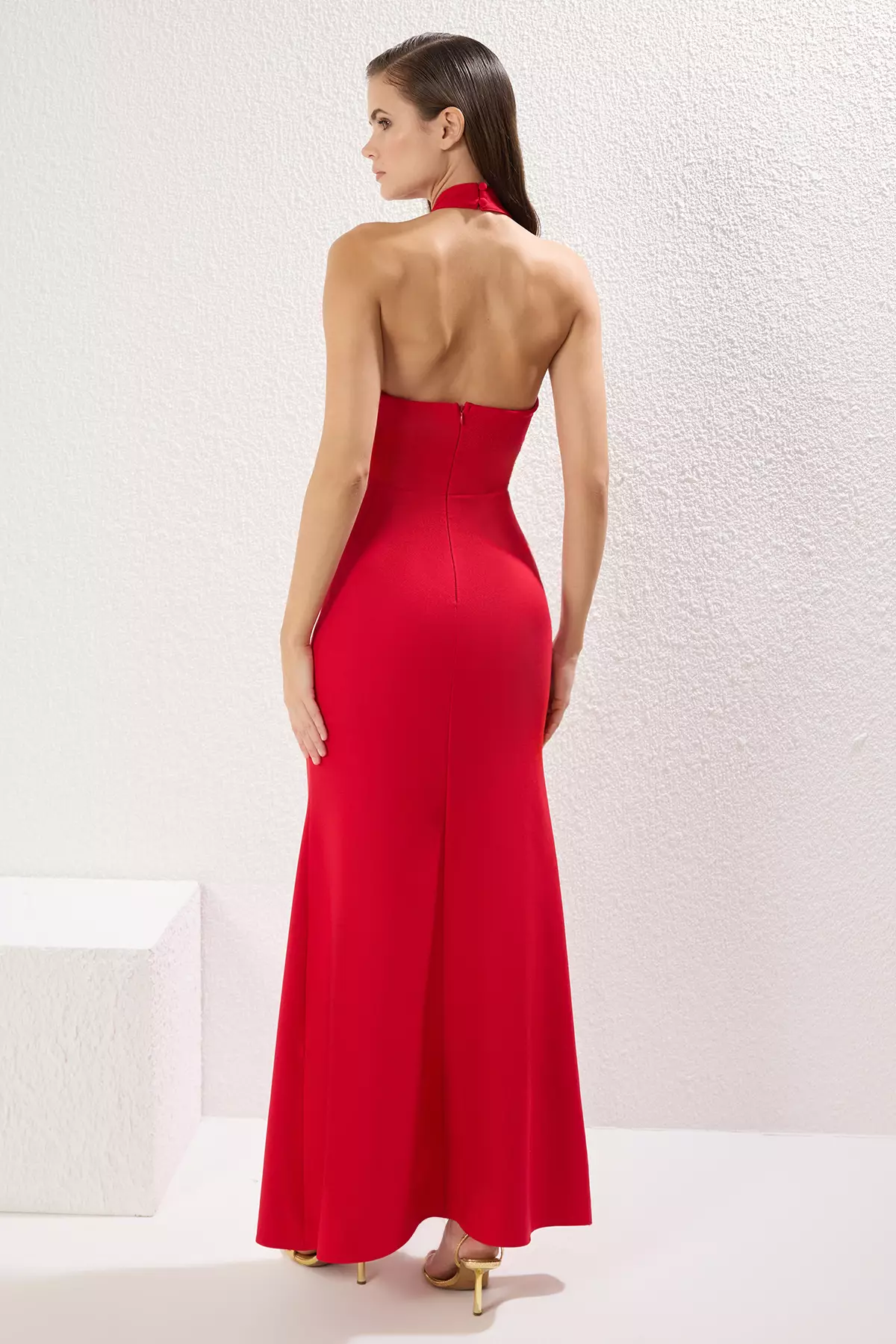 Red Fish Cut Woven Maxi Chic Evening Dress