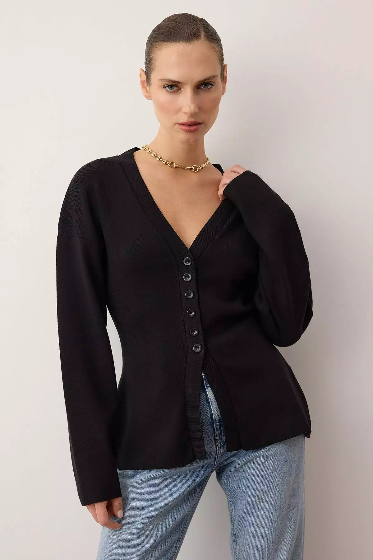 Black V-Neck Mercerized Look Premium Yarn/Special Yarn Knitwear Cardigan Twoaw26Hi79