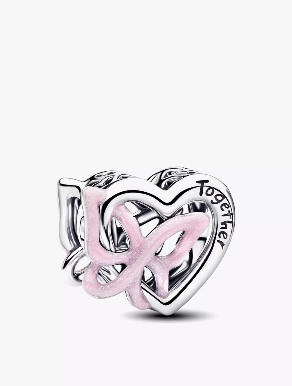 Heart with butterfly sterling silver charm with glittery pink enamel