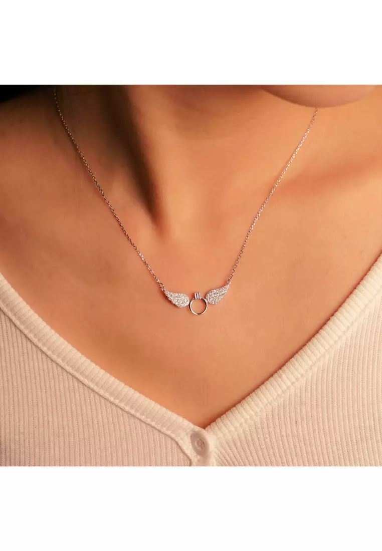 Millennia 2000 Angel Wings Cubic Zirconia Silver Necklace with 925 Sterling Silver