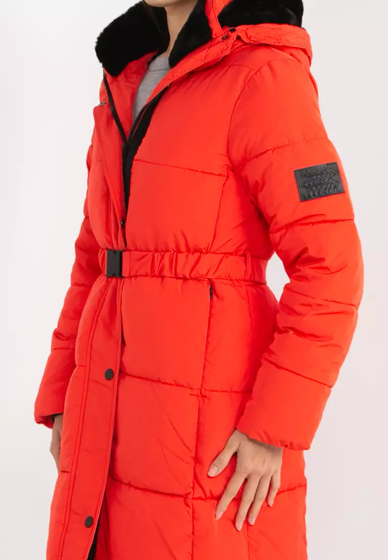 Red padded best sale coat with hood