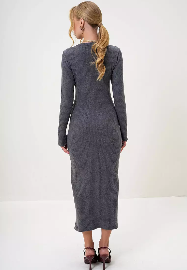 Crew Neck Long Sleeve Interlock Fabric Midi Length Dress