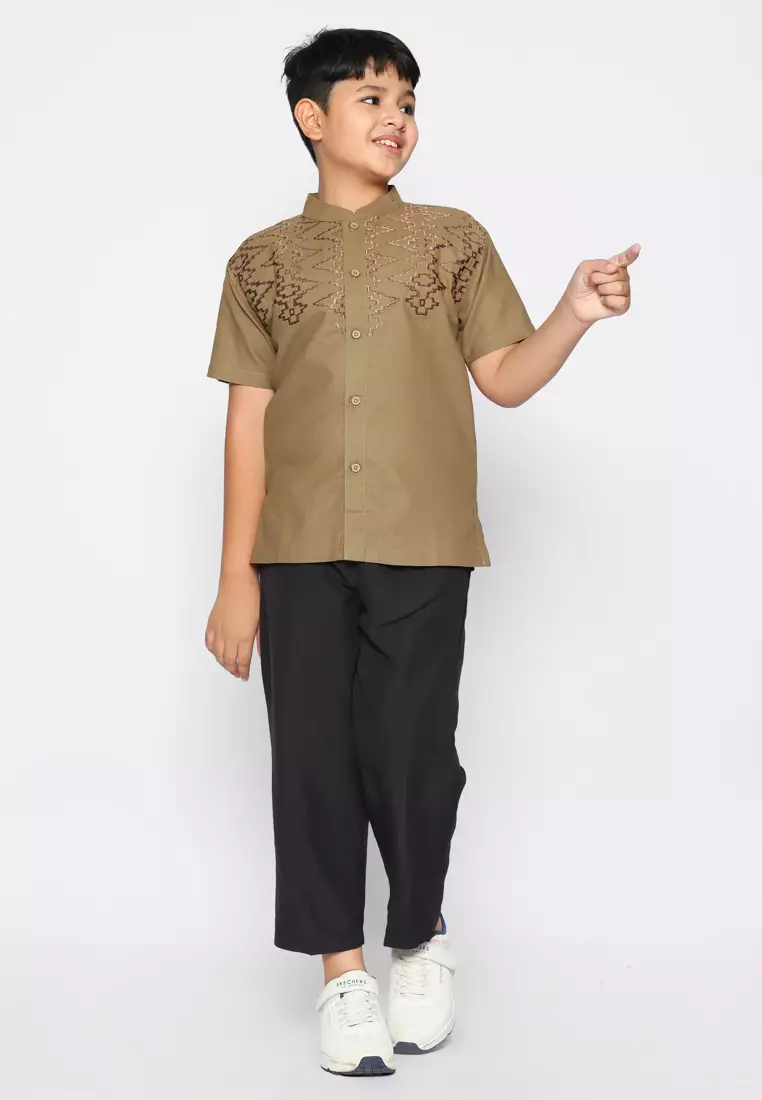 Baju Koko Set Anak Laki Bordir Vertical Dark Green - GENUINE