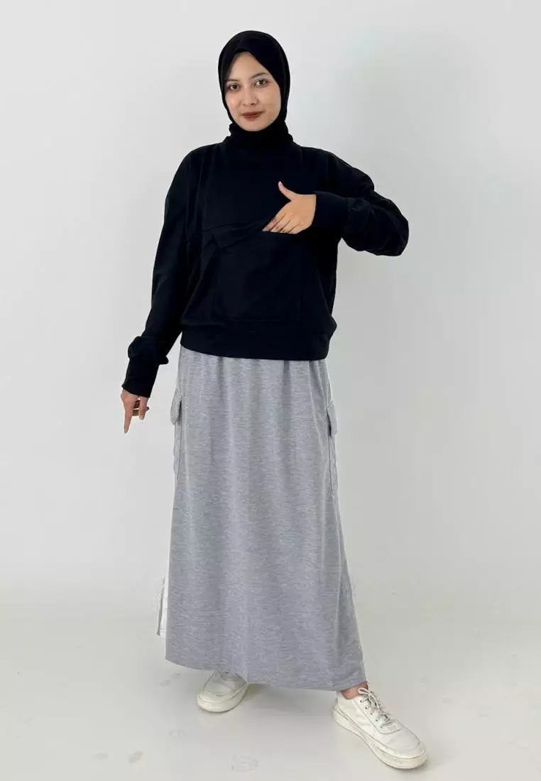 Set Sporty Skirt Hilda (Setelan Training Olahraga Babyterry) Hitam - Abu Lengan Panjang