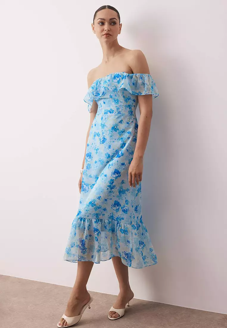 Buy Trendyol Blue Floral Skirt Waist Opening Ruffle Chiffon Flight ...