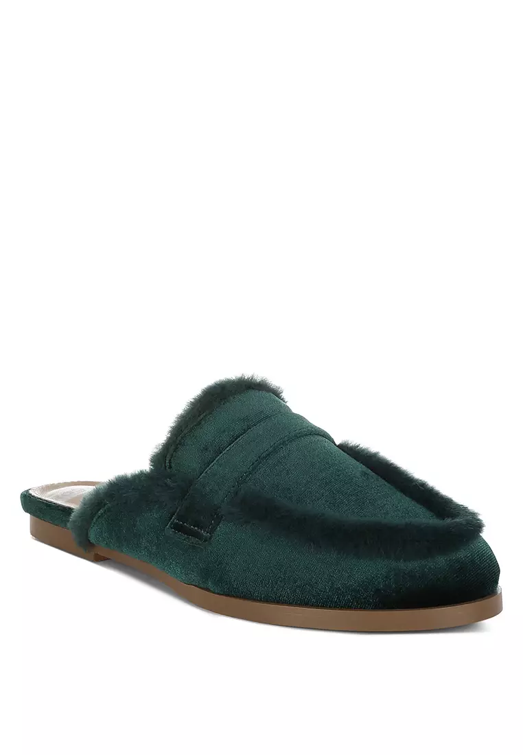 Fur Detail Velvet Slip-On Mules in Bottle Green