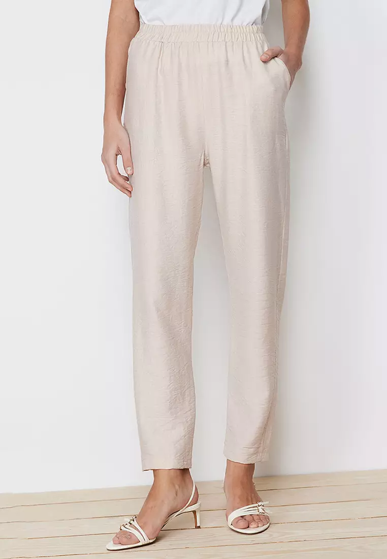 Beige Linen Look Tunic-Pants Woven Bottom Top Set TCTSS24US00016