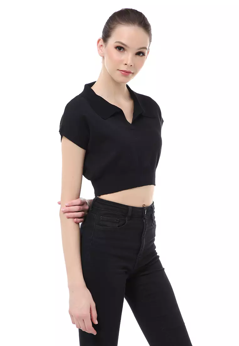 Albertine Atasan Crop Wanita Lengan Pendek Blouse Kerah Material Rajut ORIGINAL - Black