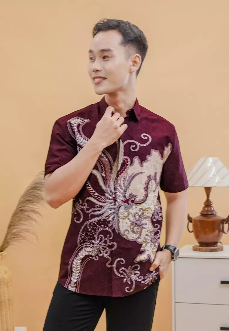 My Aksa Batik Pria Kemeja Pendek Rupa Raya Maroon