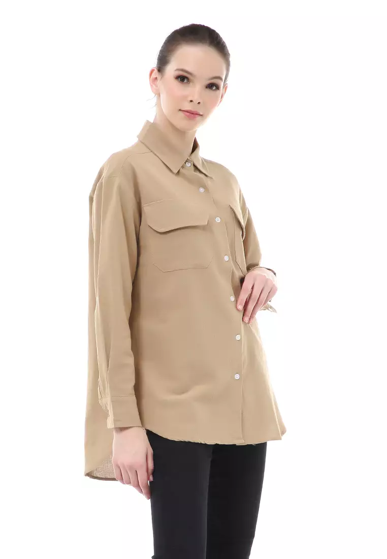 Brielle Atasan Wanita Kemeja Oversize Lengan Panjang Double Pocket Material Linen ORIGINAL - Mocca