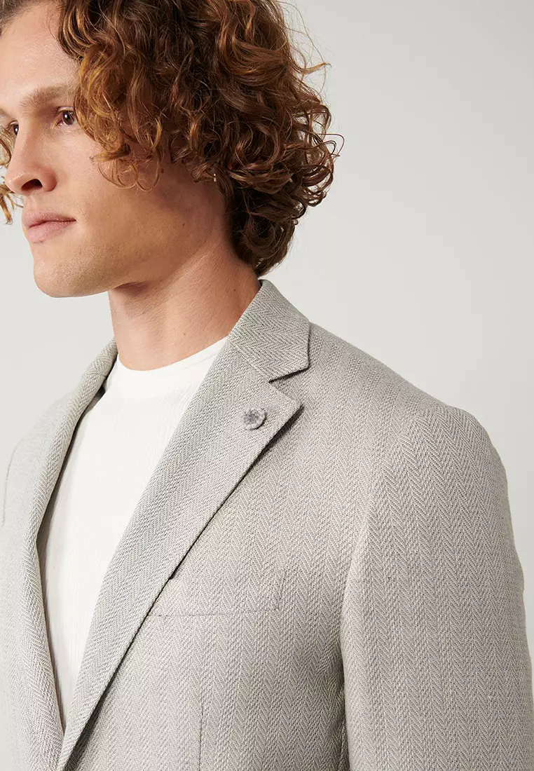 Men's Gray Unlined Linen Blended Lightweight Jacket A41Y4029