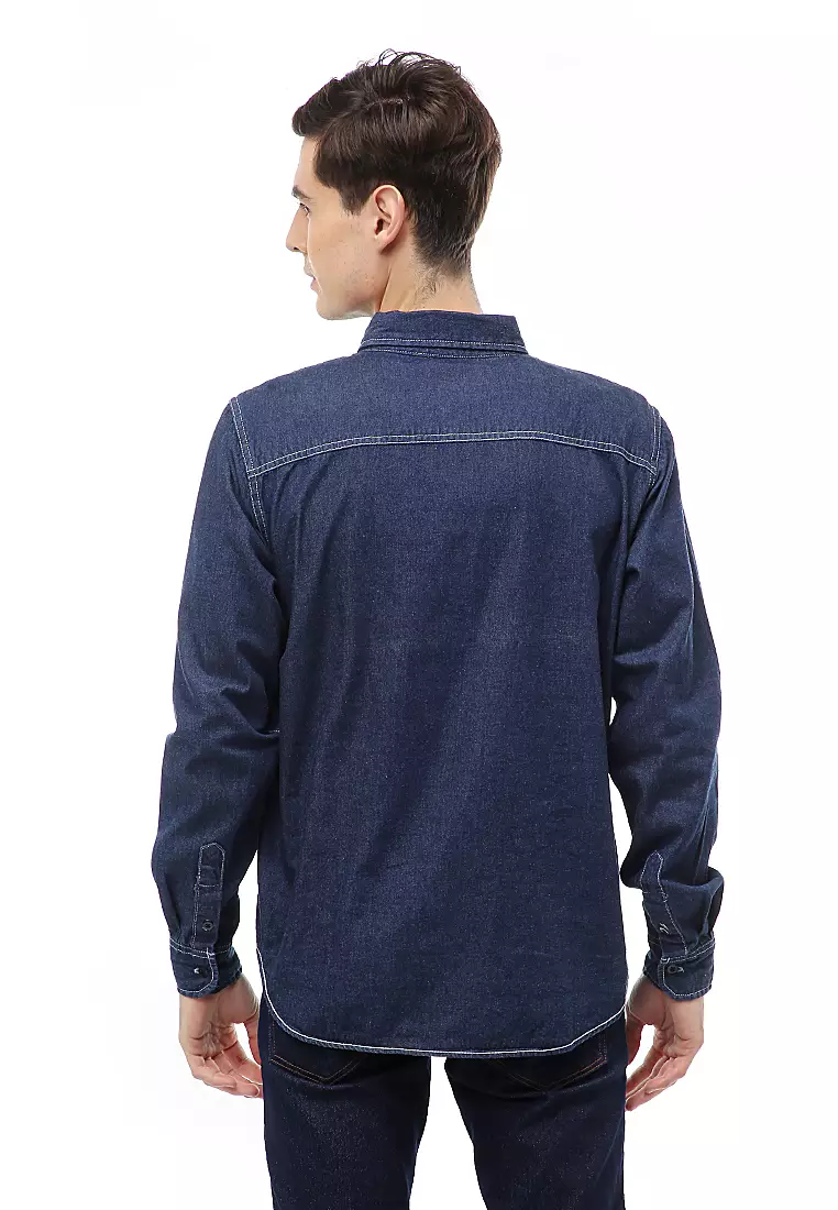 Dwan Atasan Kasual Kemeja Jeans Pria Slim Fit Lengan Panjang Material Denim ORIGINAL - Navy